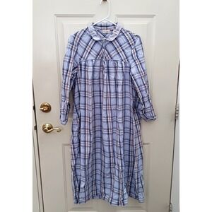 LL Bean Nightgown Sz L Petite Flannel Periwinkle Plaid Long Night Gown Shirt